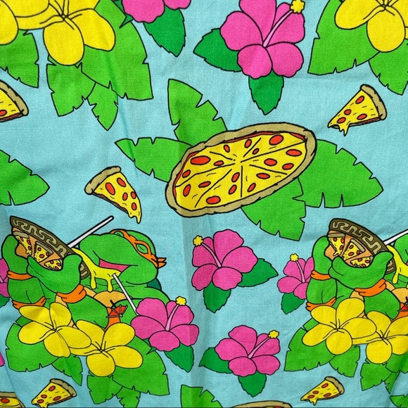 Teenage Mutant Ninja Turtle Pizza and Flowers Button Down Shirt, Blue Small - Picture 6 of 10